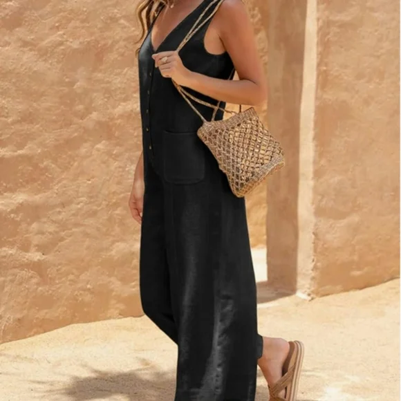 Cotton/Linen Blend Button Down Jumpsuit - Picture 3 of 8